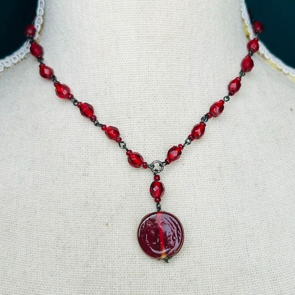 Handcrafted Garnet Red Glass Beaded Necklace